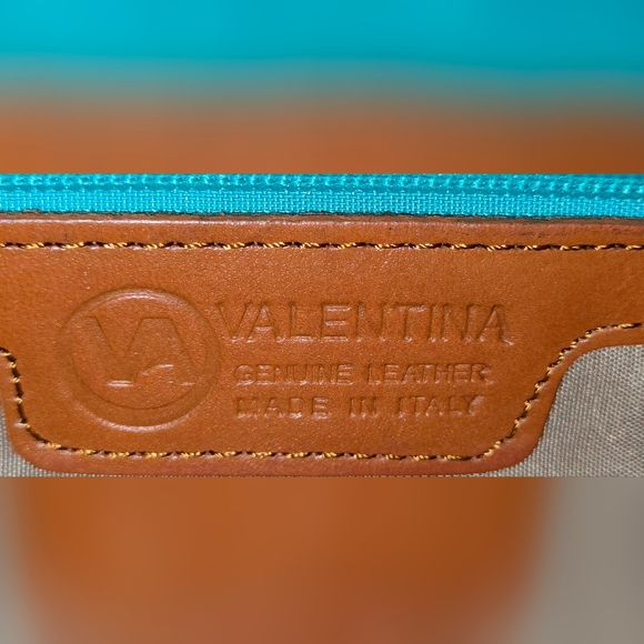 🎀 Valentina Turquoise and Tan Pebble Leather Shoulder Bag with Gold Accents - Picture 11 of 17